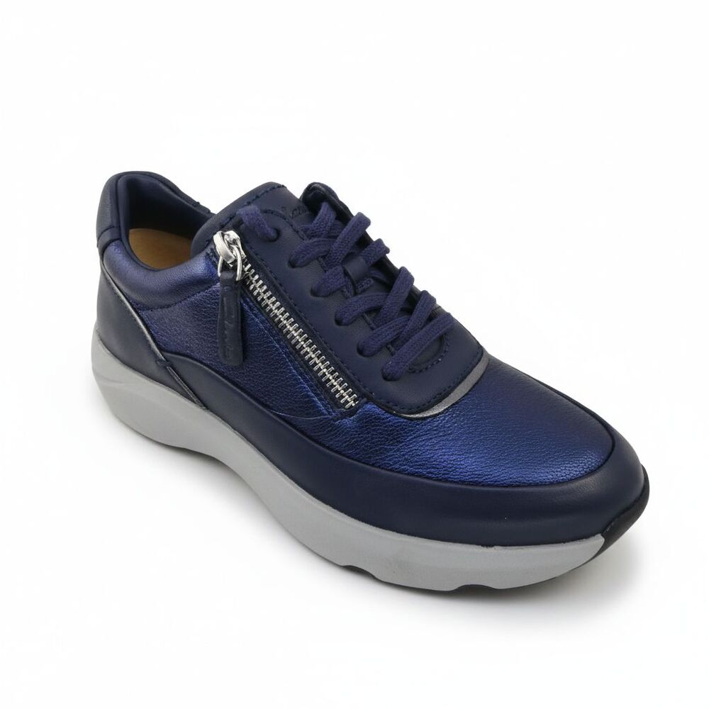 Clarks Women's US Size  6.5 M Tivoli Zip Leather Sneakers Shoes Blue Navy